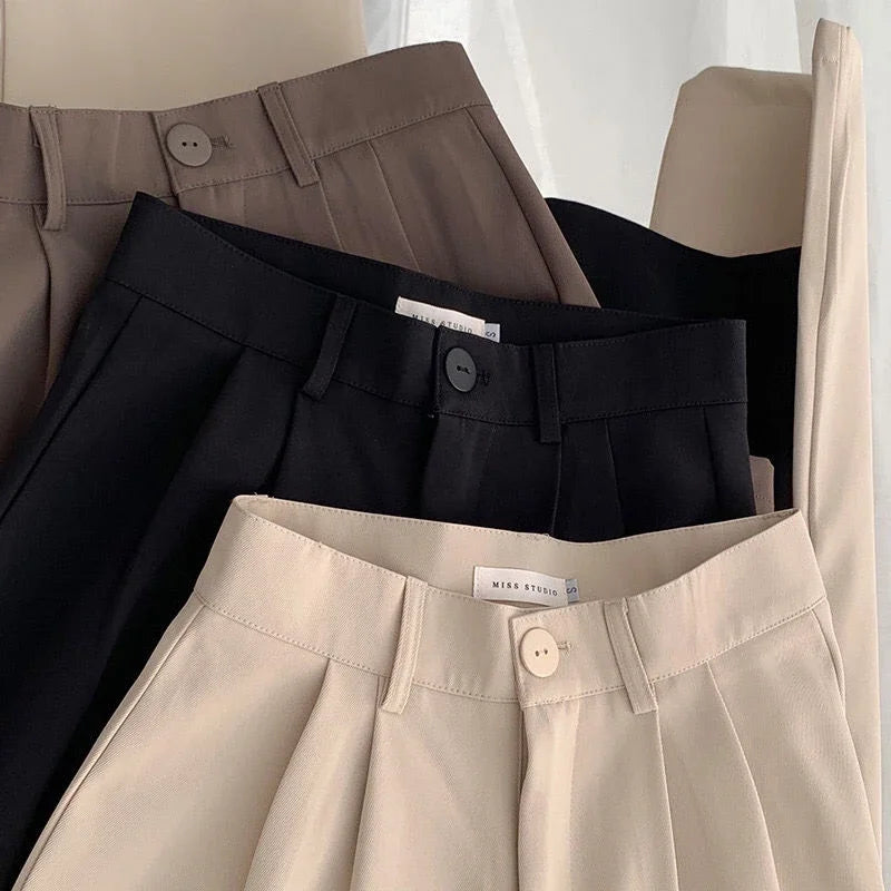 High Waist Women Suit Pants Fall Straight Office Ladies Trousers Casual Button Loose Female Pants New 2025