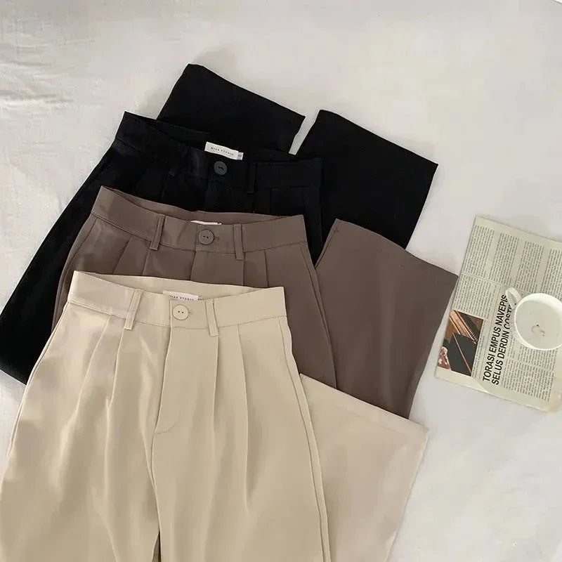 High Waist Women Suit Pants Fall Straight Office Ladies Trousers Casual Button Loose Female Pants New 2025