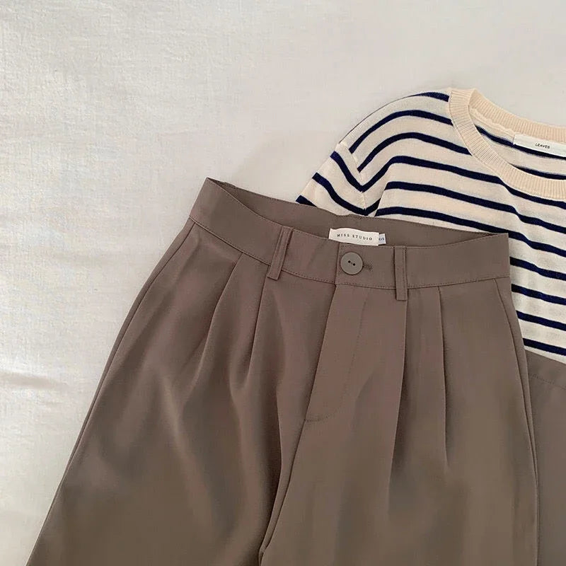 High Waist Women Suit Pants Fall Straight Office Ladies Trousers Casual Button Loose Female Pants New 2025